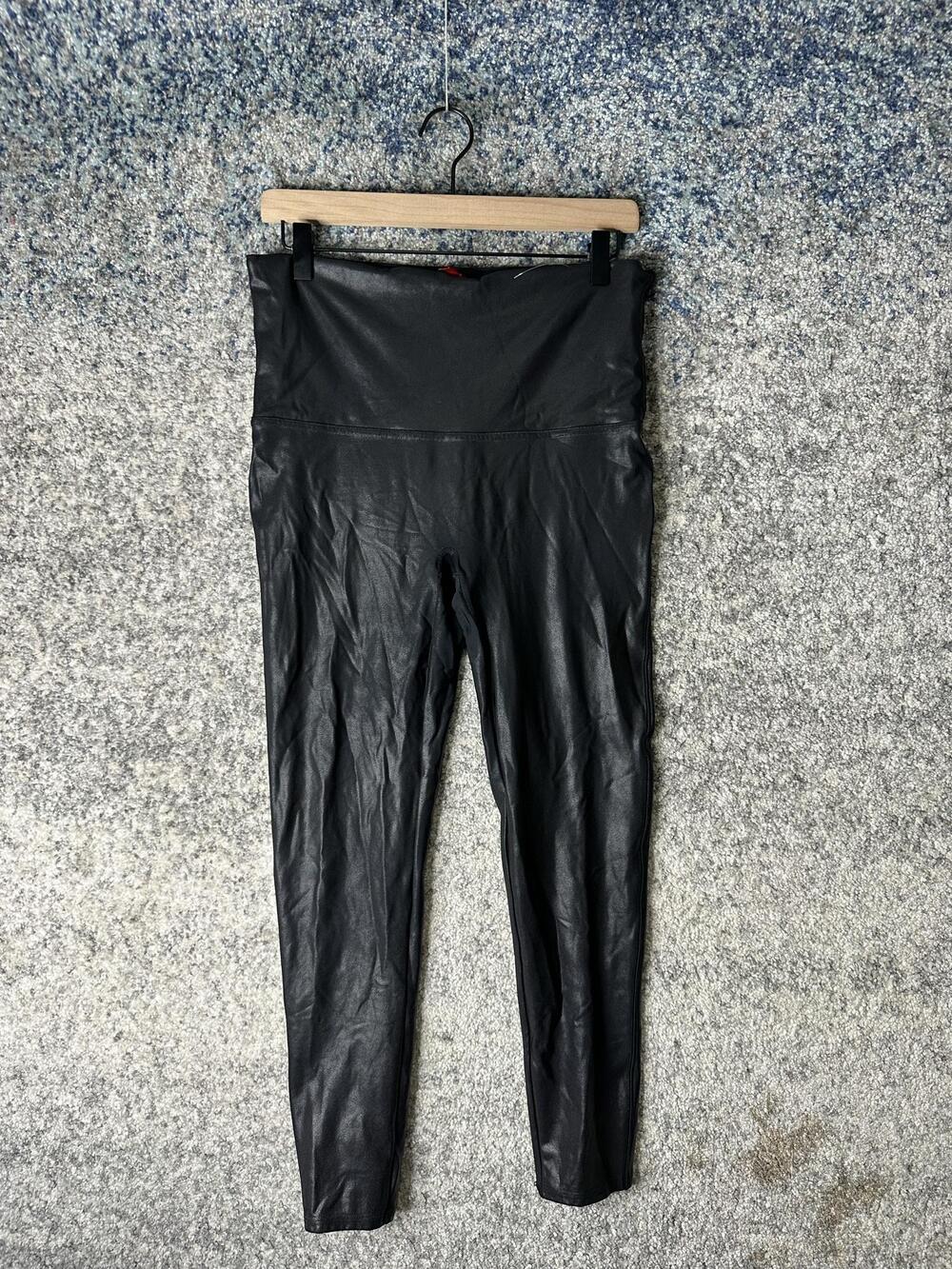 Spanx Leggings Womens 1X Petite Black Faux Leather High Rise Shaping Ankle Pants